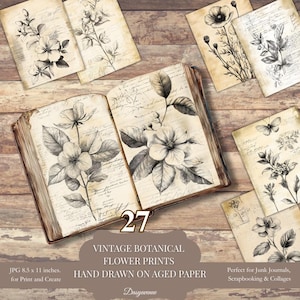 May include: Vintage botanical flower prints featuring hand-drawn floral illustrations on aged paper. The image includes an open book and several loose prints with detailed black and white drawings of flowers and foliage. The prints are 8.5 x 11 inches.