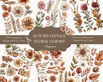 Vintage Fall Floral PNG Bundle for Junk Journals, Scrapbooking & Collage - Transparent Autumn Botanical Clipart, Transparent Flowers