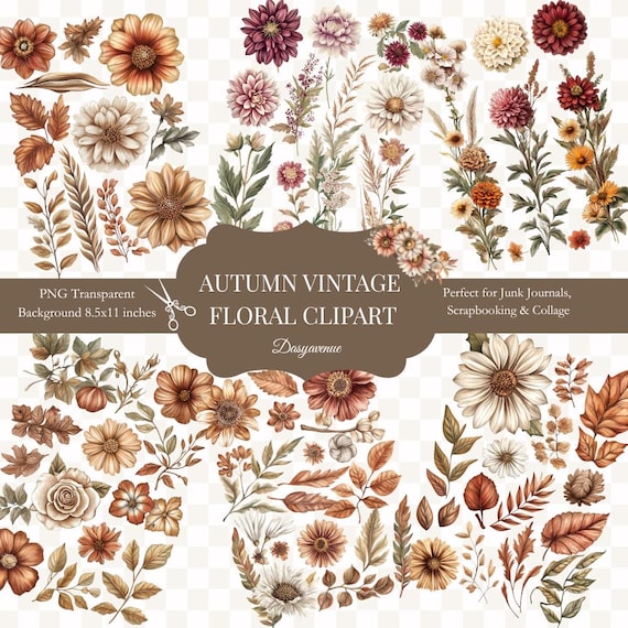 Vintage Fall Floral PNG Bundle for Junk Journals, Scrapbooking & Collage - Transparent Autumn Botanical Clipart, Transparent Flowers