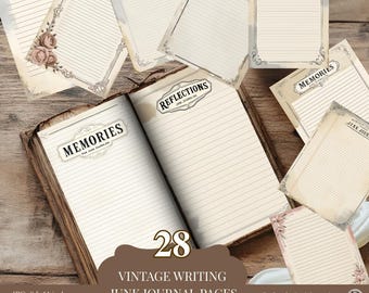 May include: A set of 28 vintage writing junk journal pages. The image shows lined paper with decorative borders and text including "Memories" and "Letters to Myself." The image includes an open book and loose pages, ideal for scrapbooking and collage.