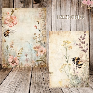 K&ouml;nnte beinhalten: Zwei digitale Papierhintergr&uuml;nde mit Vintage-Blumenmustern und Bienen. Der erste Hintergrund hat ein hellblaues und beiges Farbschema mit rosa Blumen und einer Biene in der oberen linken Ecke. Der zweite Hintergrund hat ein beiges Farbschema mit gelben Blumen und einer Biene in der unteren rechten Ecke. Das Wort "INCLUDED" ist in Gold auf einem Holzgrund gedruckt.