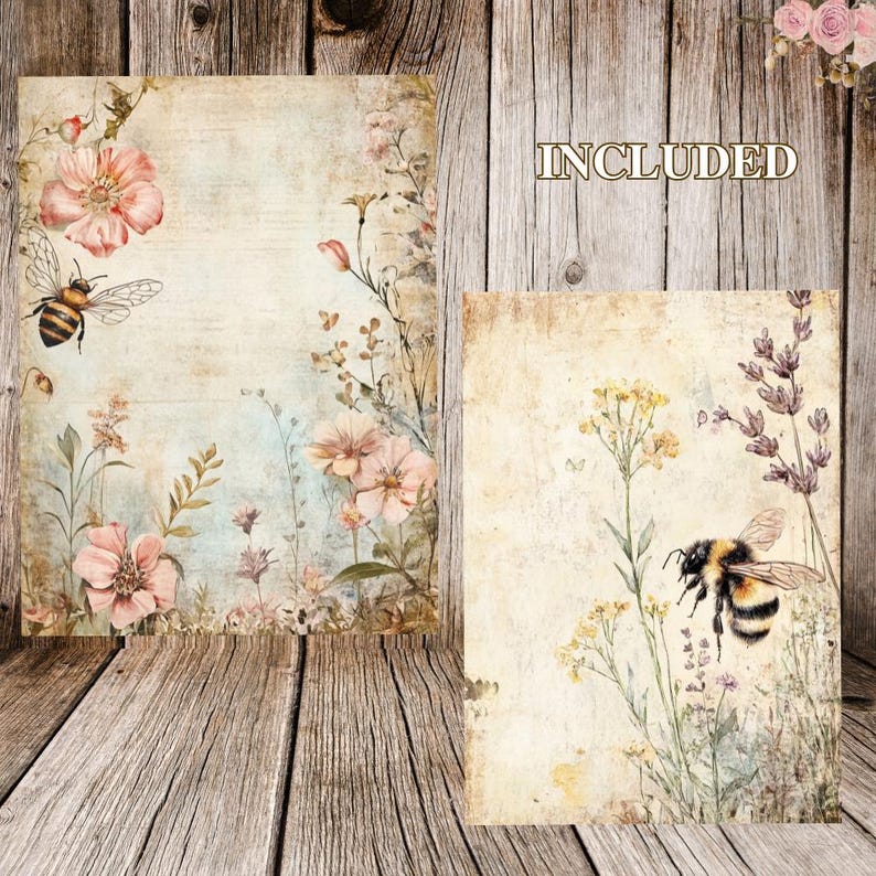K&ouml;nnte beinhalten: Zwei digitale Papierhintergr&uuml;nde mit Vintage-Blumenmustern und Bienen. Der erste Hintergrund hat ein hellblaues und beiges Farbschema mit rosa Blumen und einer Biene in der oberen linken Ecke. Der zweite Hintergrund hat ein beiges Farbschema mit gelben Blumen und einer Biene in der unteren rechten Ecke. Das Wort "INCLUDED" ist in Gold auf einem Holzgrund gedruckt.