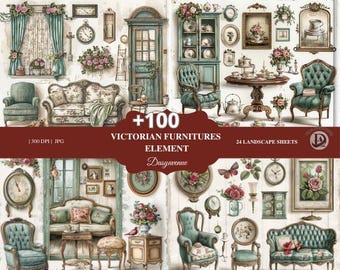 Victorian Furniture Ephemera & Fussy Cut Digital Papers | Elegant Flowers Clocks | Nostalgic Green Ephemera | Elegant Flowers,  Junk book