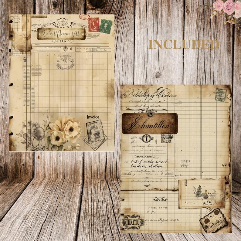 29 vintage rutnätspapper | Utskrivbara journalsidor i shabby chic | Smutsiga efemera-bakgrunder | Skräpjournal, scrapbooking, collage bild 6