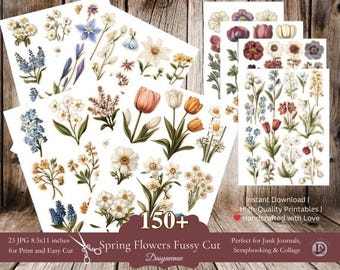 Flores vintage de primavera com corte exigente, flores de diário de lixo, flores para impressão, papel de colagem floral, adesivo digital para impressão de scrapbooking