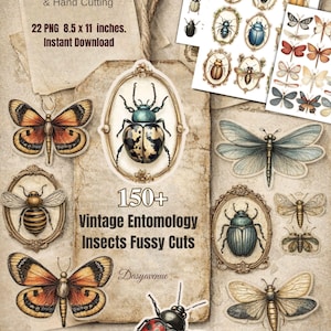 Vintage Insect Fussy Cut Ephemera - 150+ Printable Bug Stickers, Butterfly, Beetle, Dragonfly  for Junk Journal, Scrapbooking, Collage,