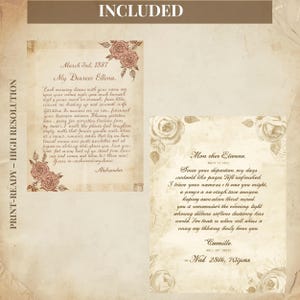May include: Two antique-style letters with floral accents. The left letter is dated March 3rd, 1887, and the right letter is dated November 11, 1891. The letters are printed on aged paper with decorative roses.