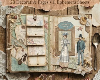 May include: A vintage-style junk journal kit titled "The Paris Curiosity Market." The open journal displays decorative pages, ephemera sheets, and illustrations of vintage Parisian figures. The kit includes 31 pages and is available as an instant download.