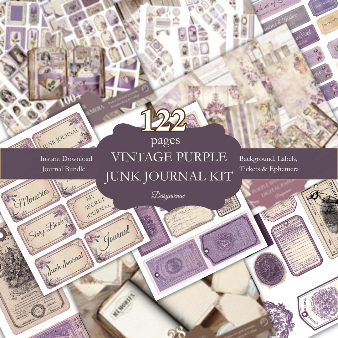 Vintage Purple Junk Journal Kit | Printable Labels, Tags, Tickets ...