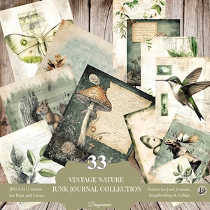 Druckbare Vintage Natur Junk Journal Set | Pilze, Tiere, Insekten & Pflanzen | 33 Digitale Seiten für Scrapbooking | Wald Ephemera