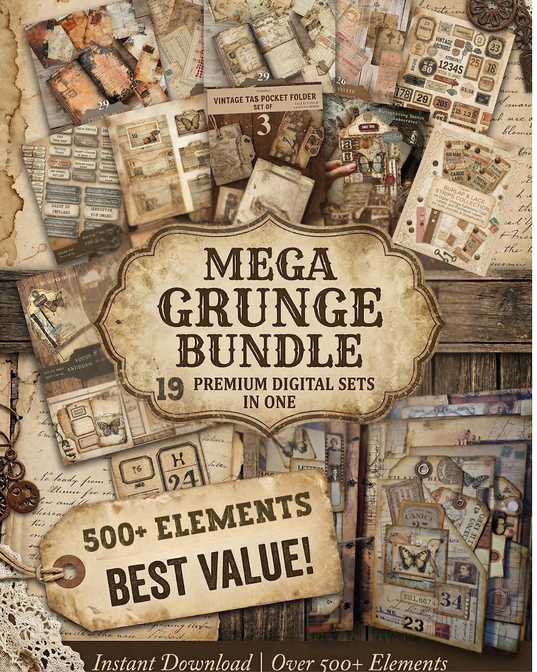 Mega Grunge Junk Journal Bundle, 500+ Vintage Ephemera, Printable Tags ...