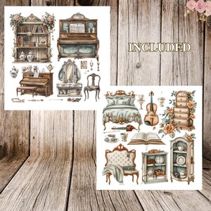 May include: A digital collage sheet featuring vintage-style illustrations of furniture, musical instruments, and home decor. The sheet includes a piano, a vanity, a bed, a bookshelf, a chest of drawers, a clock, a violin, and a chair. The illustrations are in a muted color palette of beige, brown, and cream.