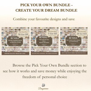 May include: Promotional image for a digital bundle. Text reads "Pick Your Own Bundle - Create Your Dream Bundle." Three bundle options are displayed: 10 for $9, 5 for $5, and 20 for $15. The image encourages customers to combine designs and save.