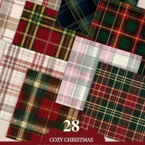 Op de afbeelding: Een verzameling van 28 gezellige kerst tartan plaid papieren in verschillende kleuren, waaronder rood, groen en blauw. De papieren zijn 30.48 x 30.48 cm groot en geschikt voor junk journals en andere knutselwerken. De tekst "COZY CHRISTMAS TARTAN PLAID COLLECTION" is inbegrepen.