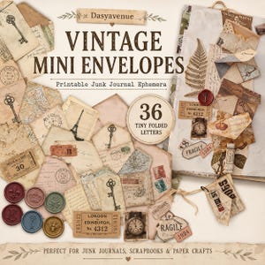 May include: A collection of vintage-style printable mini envelopes and junk journal ephemera featuring keys, maps, clocks, and stamps. The text reads Dasyavenue, VINTAGE MINI ENVELOPES, Printable Junk Journal Ephemera, 36 TINY FOLDED LETTERS, and LONDON TO EDINBURGH.