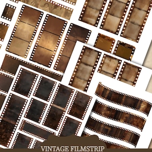 May include: A collection of vintage filmstrip images in various sizes and orientations. The filmstrips have a grunge effect with brown and sepia tones, and some feature faded images. The text "VINTAGE FILMSTRIP" is visible, along with other details.