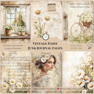 Daisy Junk Journal Pages, kit éphémère vintage, papier esthétique floral, album à imprimer, noyau de chalet en téléchargement numérique