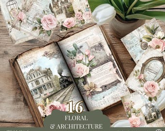 Vintage Junk Journal Set, Printable Floral Ephemera, Antique Architecture Pages, Shabby Chic Scrapbook Paper, Digital Download