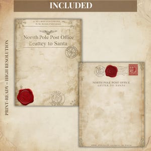 May include: Two vintage-style letters with a parchment paper appearance. One letter is sealed with a red wax stamp and reads "North Pole Post Office Letter to Santa." The other letter has the text "Nortth Pole Post Office Leattey to Santa."