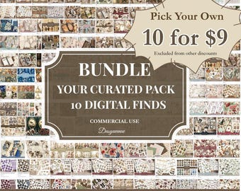 May include: A digital collage collection featuring numerous small thumbnail images of vintage-style paper ephemera, botanical illustrations, and patterned textures. A central brown label displays the text BUNDLE YOUR CURATED PACK 10 DIGITAL FINDS.