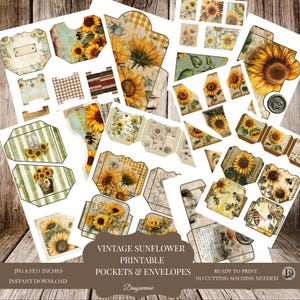 May include: A collection of printable vintage sunflower pockets and envelopes. The designs feature sunflowers, bees, and rustic textures. The text on the image reads "Vintage Sunflower Printable Pockets & Envelopes" and "Ready to Print".