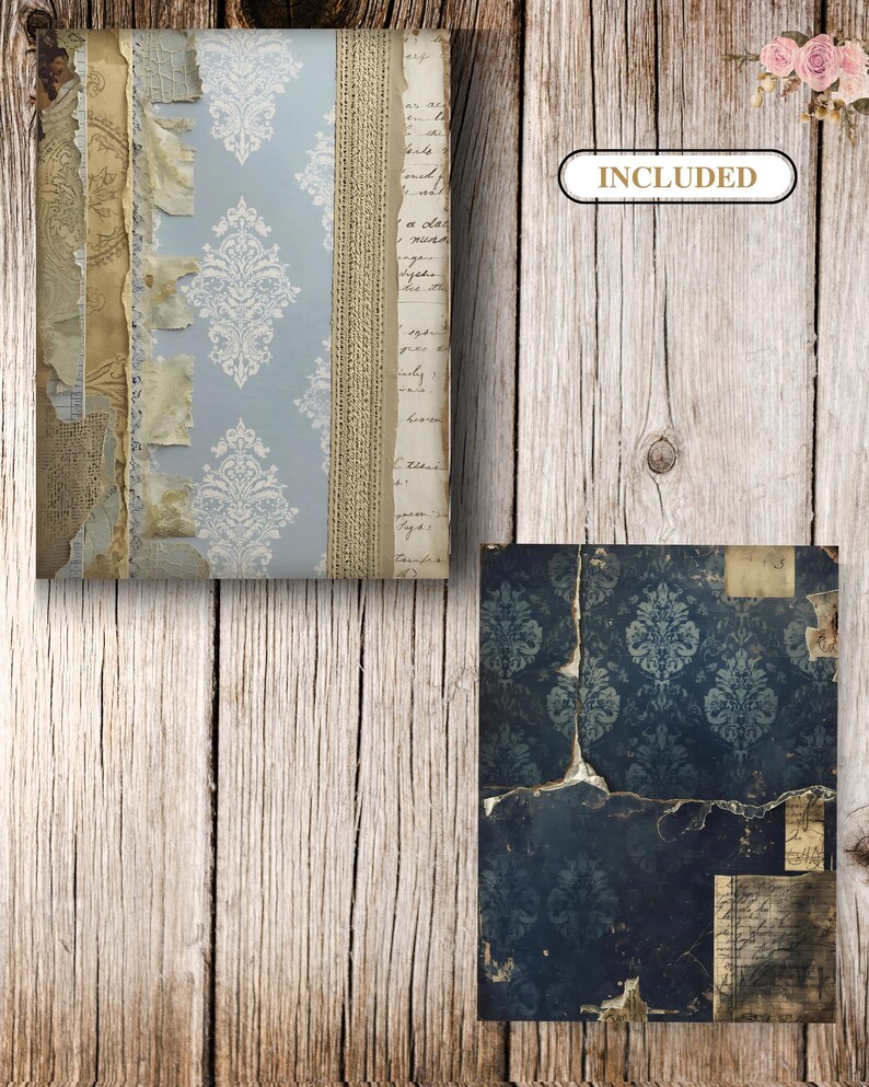 May include: A collage of vintage paper elements, including a light blue patterned paper with white damask designs, torn edges, and lace trim. The word "INCLUDED" is in a white oval. The background is weathered wood.