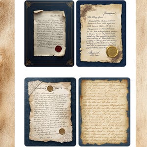 May include: Four vintage-style parchment documents with handwritten text, each within a dark blue frame. The papers have decorative seals and ornate details. The word "INCLUDED" is at the top.