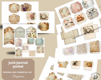 Op de afbeelding: Een set printbare junk journal-zakjes met verschillende vintage ontwerpen, waaronder bloemenpatronen, klokken en pompoenen. De zakjes zijn perfect om dimensie en opslagruimte aan je journal toe te voegen.