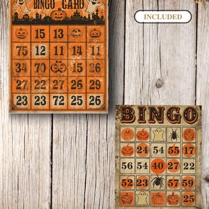 Puede incluir: Dos tarjetas de bingo rectangulares con tem&aacute;tica de Halloween y fondos naranja y beige. La tarjeta superior presenta el texto "HAUNTED BINGO CARD" con ilustraciones de fantasmas y calabazas. La tarjeta inferior presenta el texto "BINGO" con iconos de ara&ntilde;as.
