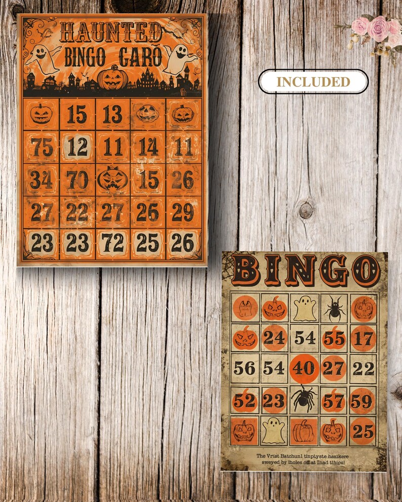 Puede incluir: Dos tarjetas de bingo rectangulares con tem&aacute;tica de Halloween y fondos naranja y beige. La tarjeta superior presenta el texto "HAUNTED BINGO CARD" con ilustraciones de fantasmas y calabazas. La tarjeta inferior presenta el texto "BINGO" con iconos de ara&ntilde;as.