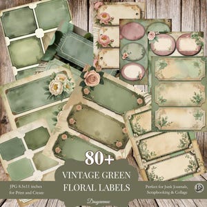 Puede incluir: Una colección de etiquetas y etiquetas florales verdes de estilo vintage. Las etiquetas presentan diseños florales, bordes decorativos y varias formas. La imagen incluye el texto "80+ Vintage Green Floral Labels" y "JPG 8.5x11 inches for Print and Create".