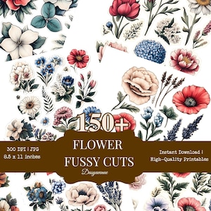 Fussy Cut Flowers  Stickers: 38 sheets Vintage Objects, Fussy Cut Vintage Flowers, Vintage Flowers Scrapbook, Printable Floral Stickers