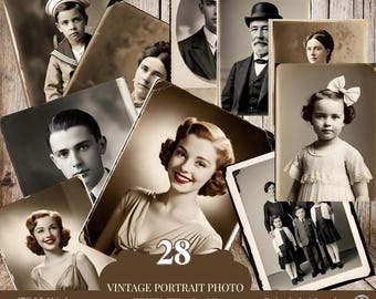 Fotos de retratos antiguos / Efímeras de personas antiguas / Imprimibles de diarios basura / Collage de fotos familiares antiguas / Scrapbooking retro
