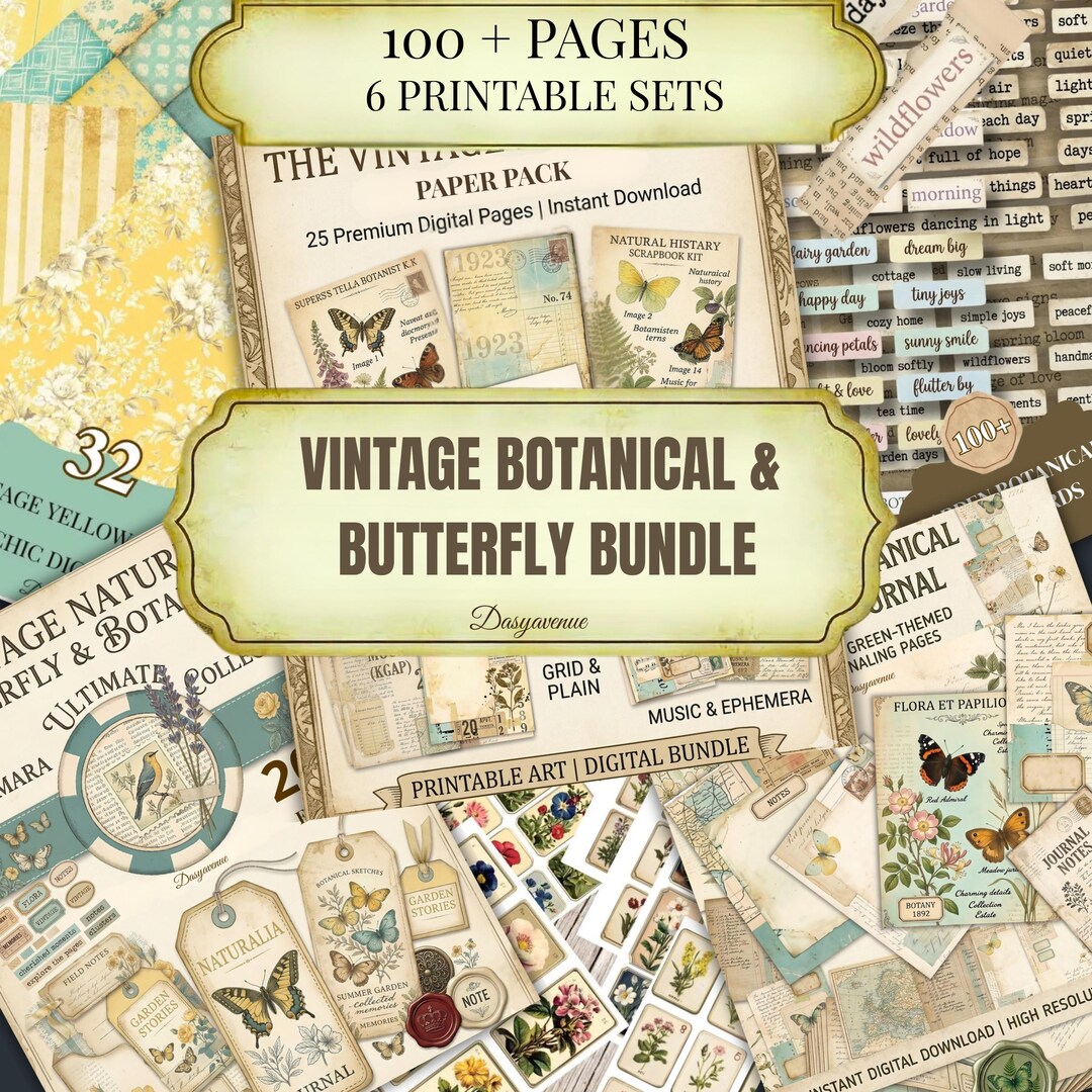 Vintage Paper Bundle Printable, Junk Journal Kit, Butterfly Ephemera ...