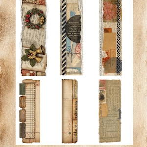 May include: A collection of six vintage-style bookmarks. Each bookmark features a unique collage design with torn edges, incorporating elements like old book pages, stamps, and decorative accents. Some include Christmas wreaths and bells.