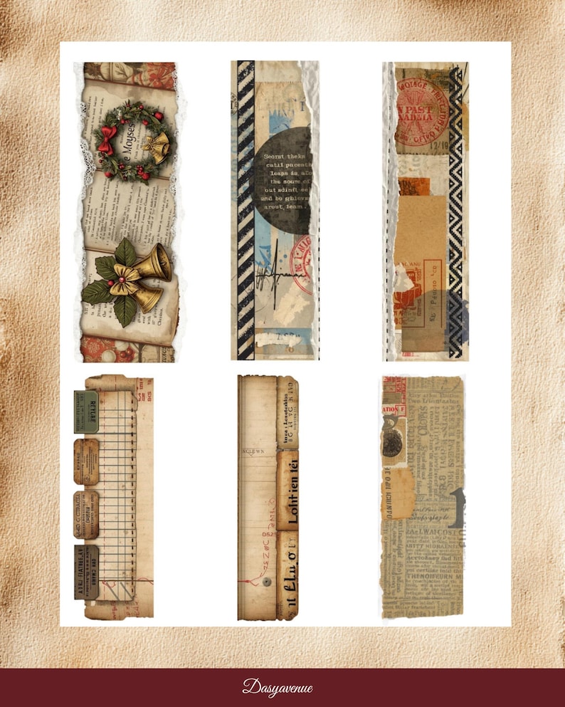 May include: A collection of six vintage-style bookmarks. Each bookmark features a unique collage design with torn edges, incorporating elements like old book pages, stamps, and decorative accents. Some include Christmas wreaths and bells.