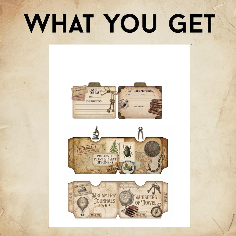 May include: A collection of printable paper ephemera featuring vintage-style designs. The sheets include labels with text such as WHAT YOU GET, TICKET TO THE PAST, CAPTURED MOMENTS, PRESERVED PLANT & INSECT SPECIMENS, DREAMERS JOURNALS, and WHISPERS OF TRAVEL.