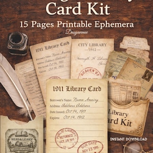 Może przedstawiać: Zestaw kart bibliotecznych w stylu vintage z tekstem "Vintage Library Card Kit" i "15 Pages Printable Ephemera". Obraz przedstawia postarzałe karty biblioteczne, pieczątki i pióro, przywołując nostalgiczną estetykę.
