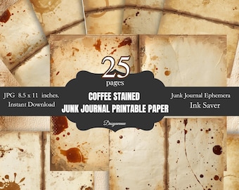 Coffee Stained Junk Journal Pages, Vintage Printable Paper Pack, Grungy Ephemera, Distressed Digital Scrapbook Paper, Ink Saver Backgrounds