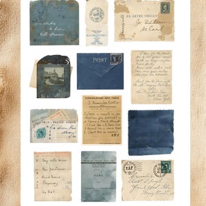 May include: A collection of aged paper ephemera, including envelopes and stamps. The items display handwritten notes, faded ink, and various textures. The word "INCLUDED" is at the top, and "Dasyavenue" is at the bottom.