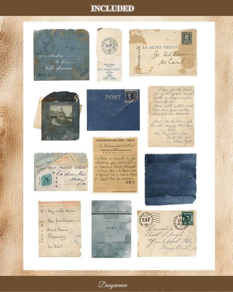 May include: A collection of aged paper ephemera, including envelopes and stamps. The items display handwritten notes, faded ink, and various textures. The word "INCLUDED" is at the top, and "Dasyavenue" is at the bottom.