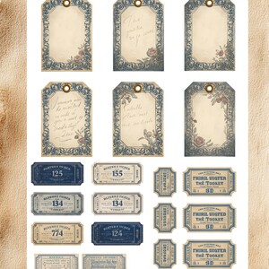 May include: A selection of vintage paper tags and tickets. The tags feature ornate blue borders, floral details, and handwritten text. The tickets are in shades of blue and beige, with various numbers and text. The word "INCLUDED" is at the top.