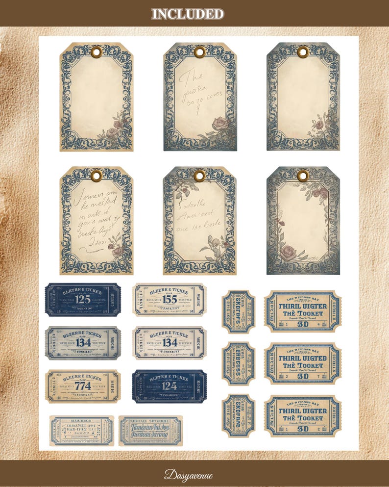 May include: A selection of vintage paper tags and tickets. The tags feature ornate blue borders, floral details, and handwritten text. The tickets are in shades of blue and beige, with various numbers and text. The word "INCLUDED" is at the top.