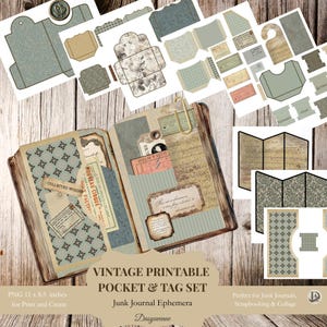 May include: A vintage printable pocket and tag set featuring a journal and various ephemera pieces. The set includes tags, pockets, and decorative papers in muted blue, beige, and green hues. The text "VINTAGE PRINTABLE POCKET & TAG SET" is displayed.