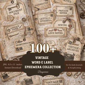 Può includere: Una collezione di efemeridi di parole ed etichette vintage. L'immagine presenta etichette di carta invecchiata con testi come "Document File" e "Vintage Archives". La collezione comprende oltre 100 pezzi, perfetti per diari e scrapbooking.