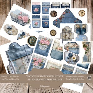 Op de afbeelding: Een verzameling vintage ephemera met denim zakken en tags, versierd met rozen en kant. Perfect voor junk journals, scrapbooking en collage. De vellen zijn 27,9 x 21,6 cm. Verschillende vormen en maten zijn inbegrepen.
