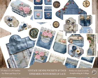Denim Pocket Junk Journal Ephemera Kit – 19 Printable Pages of Tags, Lace, Roses & Envelopes for Scrapbooking,  Collage Crafts