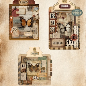 Puede incluir: Tres etiquetas de papel de estilo vintage con ilustraciones de mariposas y varios elementos de texto. Las etiquetas presentan una mezcla de colores, incluyendo marr&oacute;n, beige y naranja, con n&uacute;meros y palabras como "1925", "Dream" y "Antique Soul".