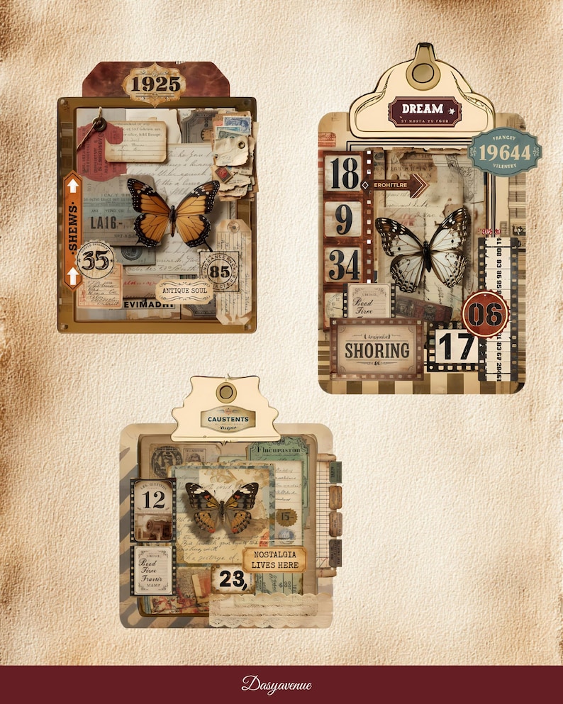 Puede incluir: Tres etiquetas de papel de estilo vintage con ilustraciones de mariposas y varios elementos de texto. Las etiquetas presentan una mezcla de colores, incluyendo marr&oacute;n, beige y naranja, con n&uacute;meros y palabras como "1925", "Dream" y "Antique Soul".