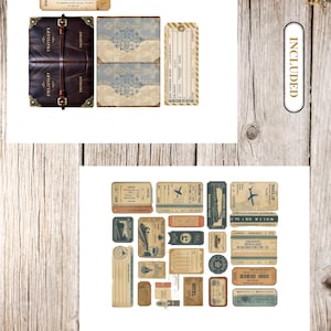 May include: A collection of vintage-style travel ephemera, including boarding passes, luggage tags, and a passport. The items feature aged paper textures, muted colors, and text like "Cloud Port" and "Traveler's Passport."